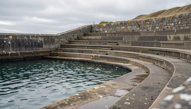 An old open air seawater bathing pool beside a stone sea wall, tiered concrete seating empty, grey Scottish coastal light.