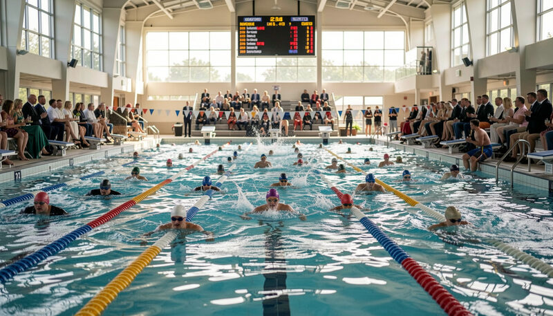 A busy indoor swimming pool during a gala, swimmers racing in lanes and spectators on benches, an electronic scoreboard above.