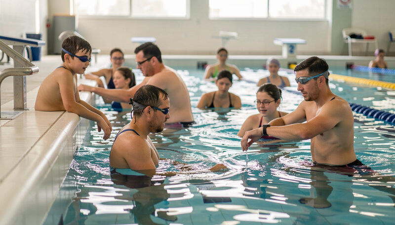Adult swimmers of mixed ages in the lanes of a public pool, one pausing at the wall to check a wristwatch.