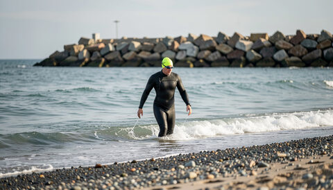 A swimmer in a wetsuit and bright swim cap wading into a cold sea from a pebble beach, a stone breakwater behind.