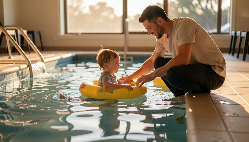 A parent kneeling at the edge of a shallow indoor pool guiding a small child who holds a float, warm light on the water.