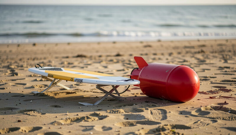 A lifeguard rescue board and a red torpedo buoy resting on a sandy beach at low tide, a calm sea behind.